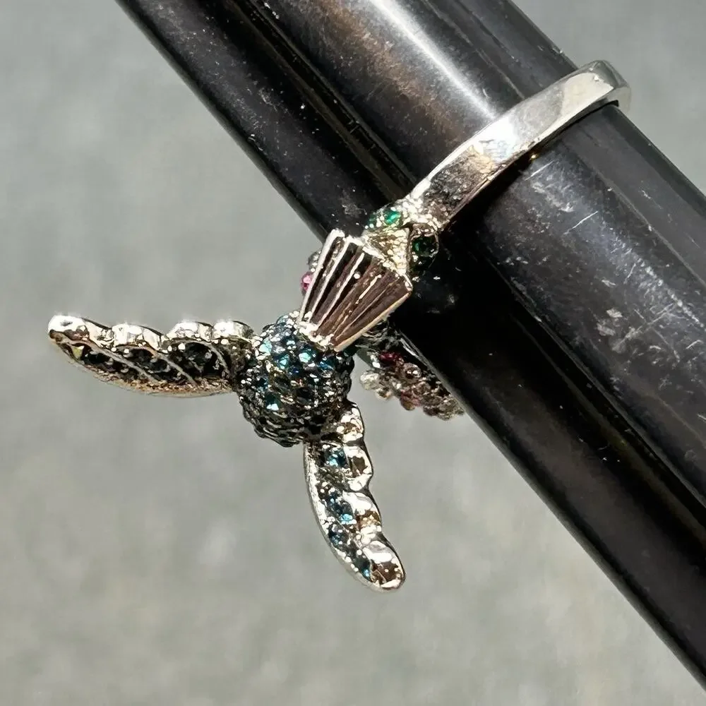 Hummingbird Cocktail Ring Size 9.5 Colorful CZ Flower Pave Bird Band Statement